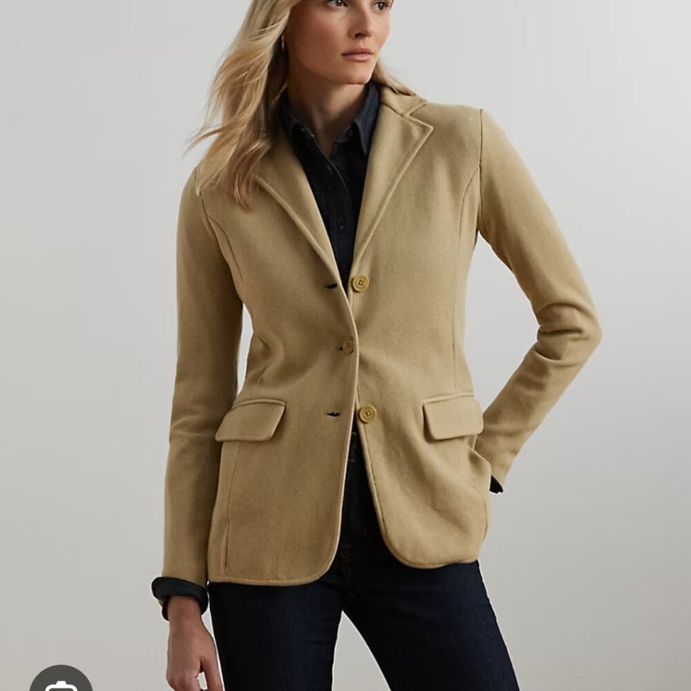 Lauren Ralph Lauren Women's Large Birch Tan Cotton-Blend Knit Sweater Blazer